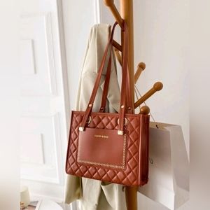 Brown Quilted Vegan Leather Tote Bag